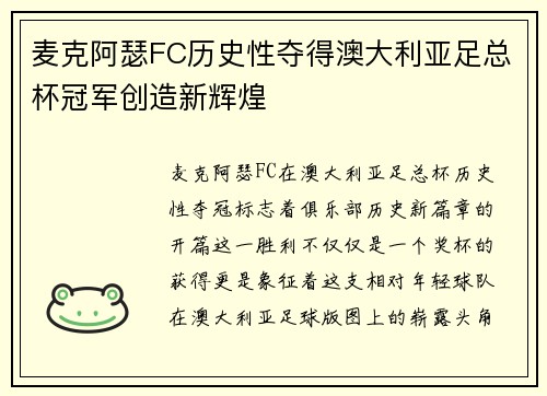 麦克阿瑟FC历史性夺得澳大利亚足总杯冠军创造新辉煌