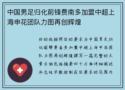 中国男足归化前锋费南多加盟中超上海申花团队力图再创辉煌